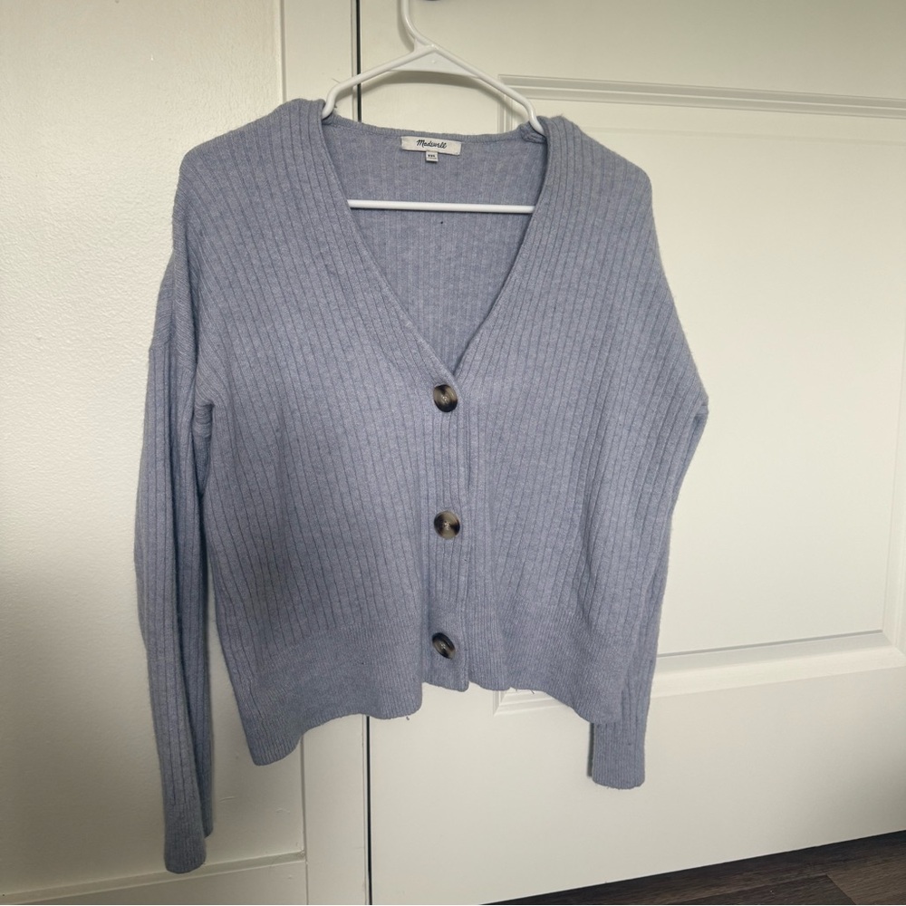 Madewell Light Blue Ribbed V-Neck Button Cardigan